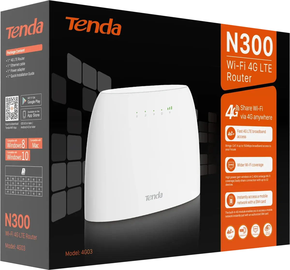 Tenda N300 4G03 4G LTE Router mit SIM-Karten-Slot, Weiß